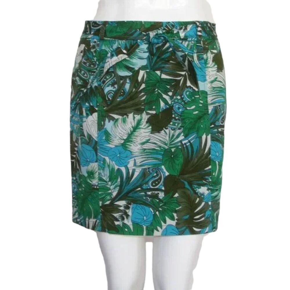 ANN TAYLOR Short Skirt, 0, Leaf print, Sash Belt, Side zipper, Cotton